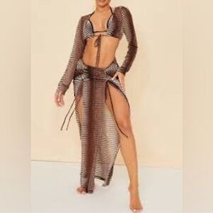 Pretty Little Thing Sheer Brown Striped Maxi Skirt Slits NWT Tonal Monochrome